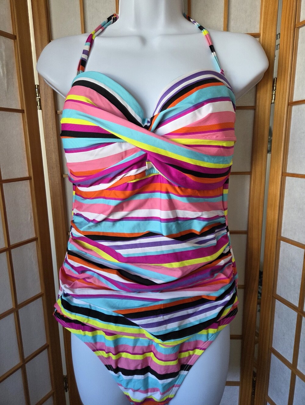 WOMENS ANNE COLE MULTICOLOR STRIPES RUSHED ONE PIECE SWIMMING SUIT SIZE 14